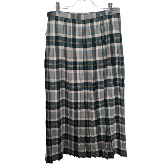 Vintage Border Glen Plaid Long Maxi Skirt Kilt Green White Wool Blend Made in UK - Picture 2 of 11